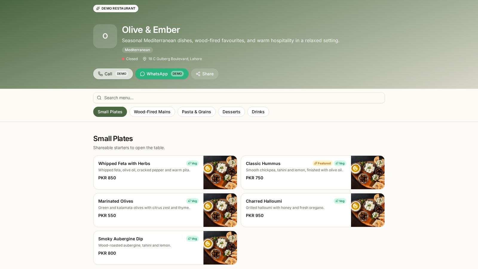 Standard EatBot digital menu demo interface